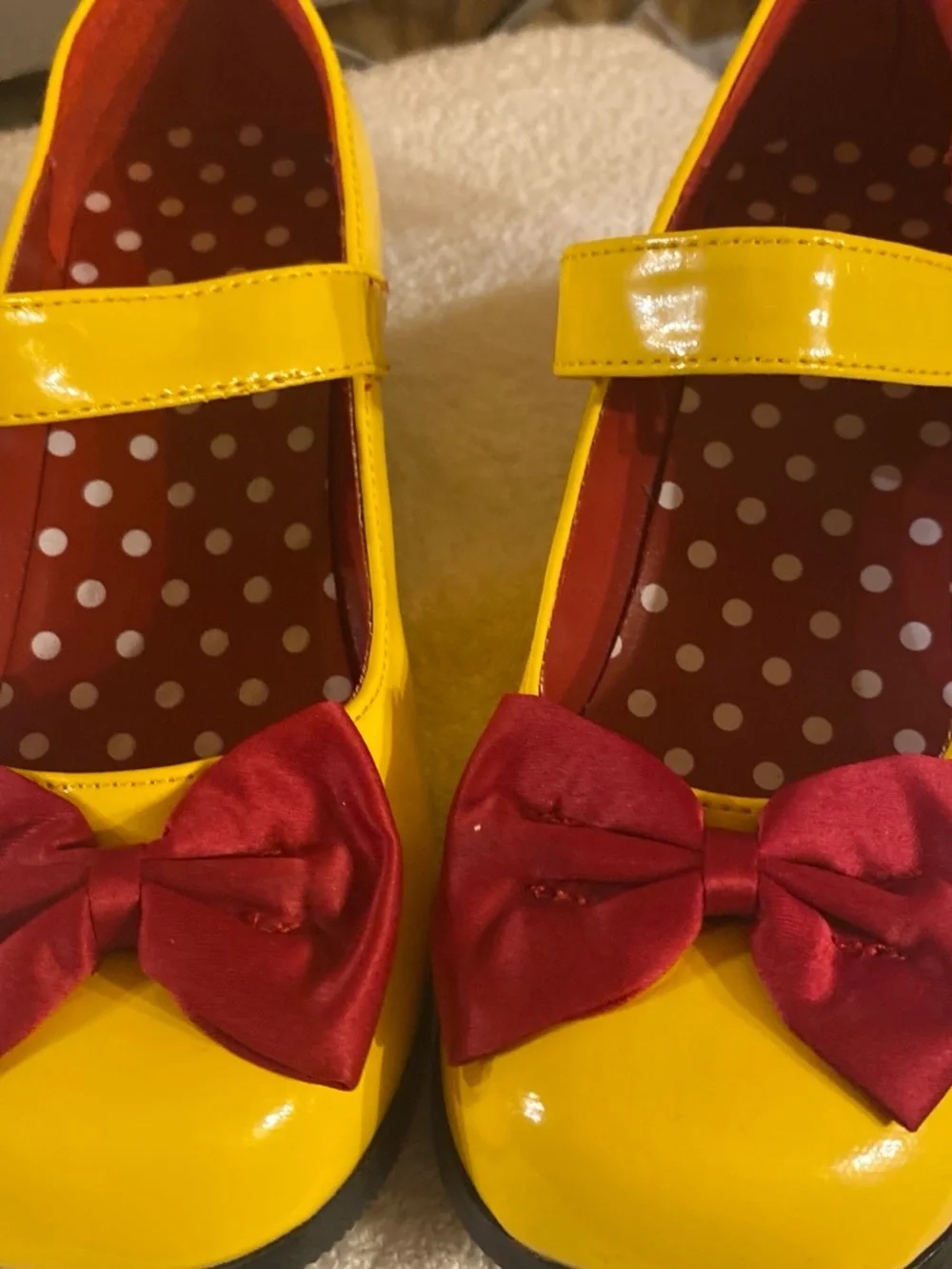 Source Unknown Bright Yellow Mary Janes with Red Bows